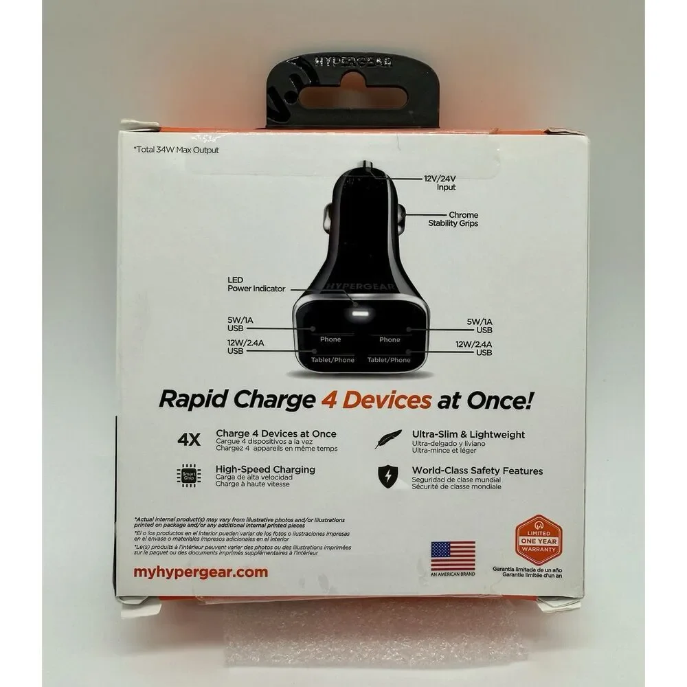 HyperGear High-Power 4-Port USB 6.8A Car Phone Charger Black‎ NEW
